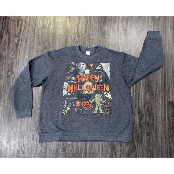 VINTAGE PORT & CO GRAY HALLOWEEN GRAPHIC SWEATSHIRT UNISEX 2XL GHOST WITCH MUMMY - Picture 1 of 10